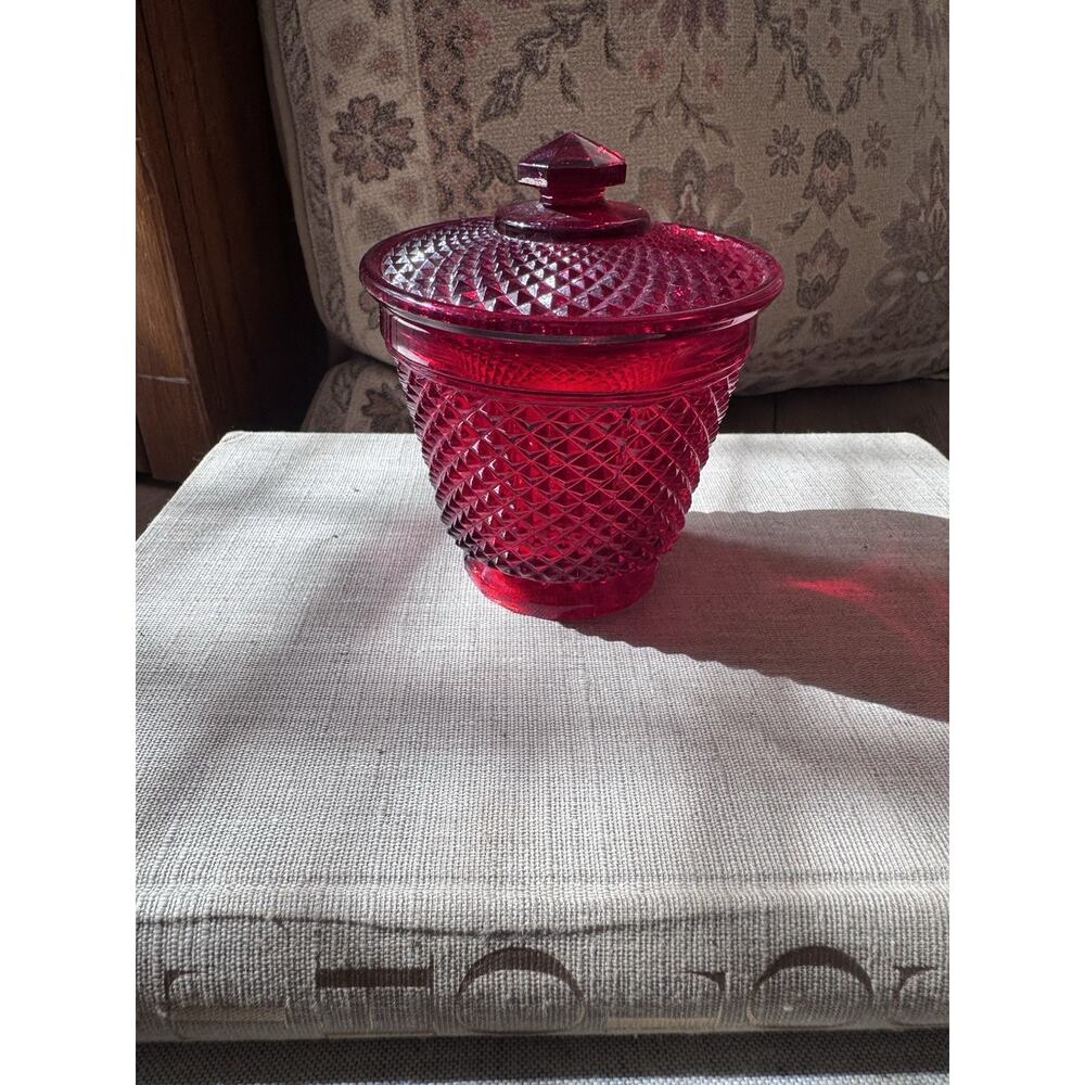 Vintage Estate European Ruby Red Art Glass Bowl Covered Dish Diamond Point Set - Picture 4 of 16